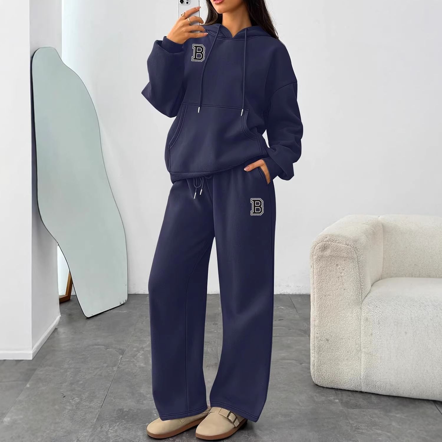 Letter Print Hoodie Sweatshirt Set Wide Leg Pants Straight Leg Pants Autumn Winter Hot Selling_ecoleips.com