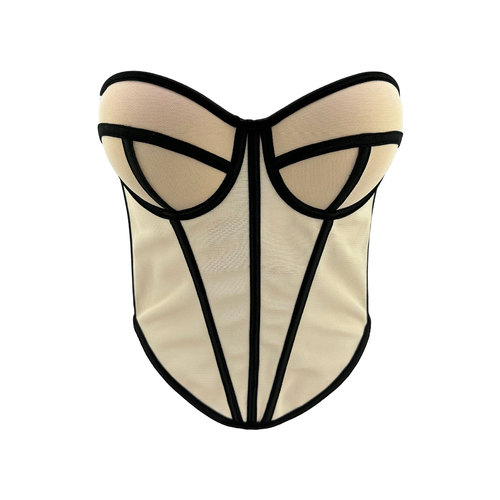 Hot-selling European and American-style mesh small vest with straps, vintage slim-fit breathable elegant fishbone-bone cup top for women.