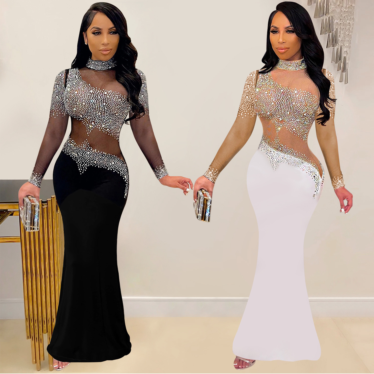 C7025 Aliexpress transfronterizo Amazon estación independiente de moda europea y americana nueva ropa de mujer de diamante caliente vestido largo de cuello redondo