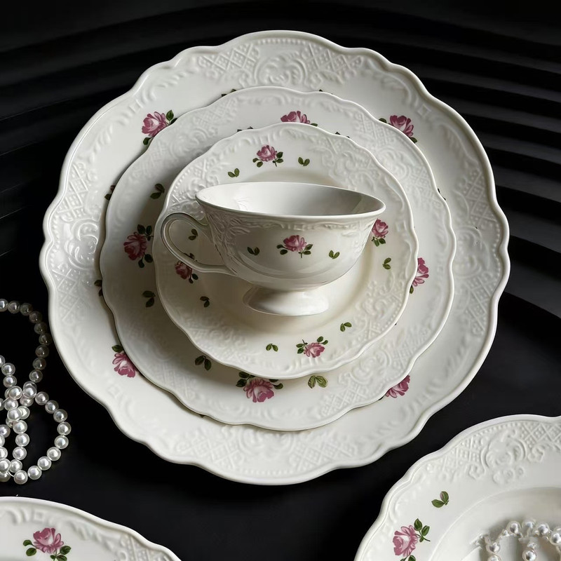 French-Style Vintage Rose Flower Dessert and Western Food Plate, Dish, Bowl, and Tableware Set, High Aesthetic Afternoon Tea and Coffee Set