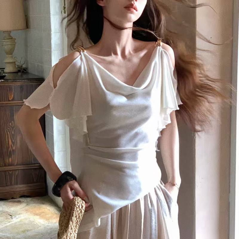 Fashionable [New Style] Heartbeat Venus Lyocell French-Style Off-Shoulder Ruffle T-Shirt for Women