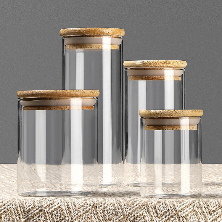 Taza de sellado de vidrio con cubierta de bambú redonda alta borosilicona granos de café recto tanque de almacenamiento de té frutas secas granos