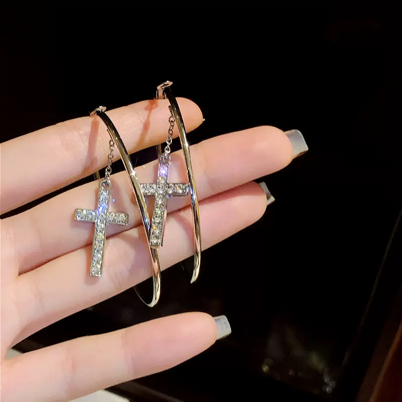十字架圆圈流苏耳环女s 925银针设计感欧美夸张简约ins冷淡风耳坠