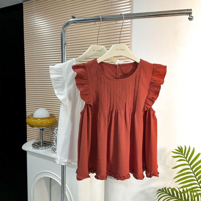 French-style design with small flutter sleeves, women's summer round-neck pleated babydoll shirt, slimming and versatile, sweet top 6114 French-style design with small flutter sleeves, women's summer round-neck pleated babydoll shirt, slimming and versatile, sweet top 6114