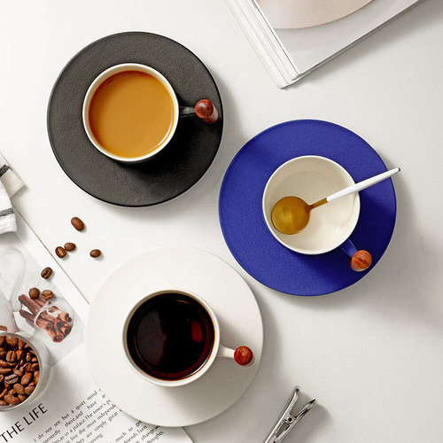 Cross-border Klein Blue Coffee Cup Ceramic Cup and Saucer Japanese Hand-brewed Sand-coated Water Cup Wood Handle Luxury Wholesale