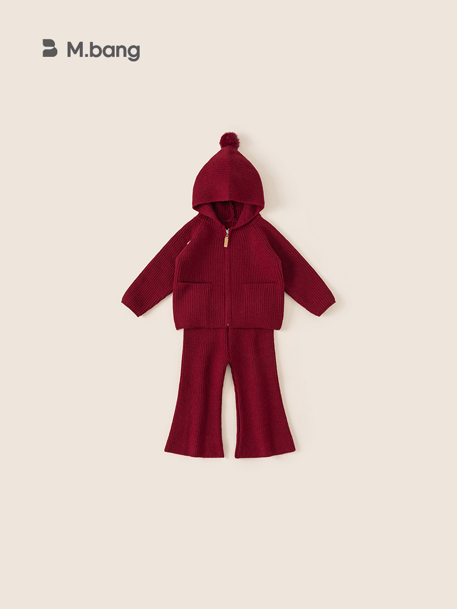 Youbao Children's Clothing Solid Color Hooded Sweater Set Winter New Arrival New Year Girls' Knitted Flared Pants Two-Piece Set