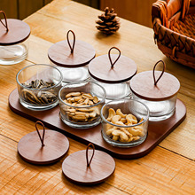 实木简约干果盘玻璃带盖零食糖果家用分格瓜子坚果盒水果碟套装