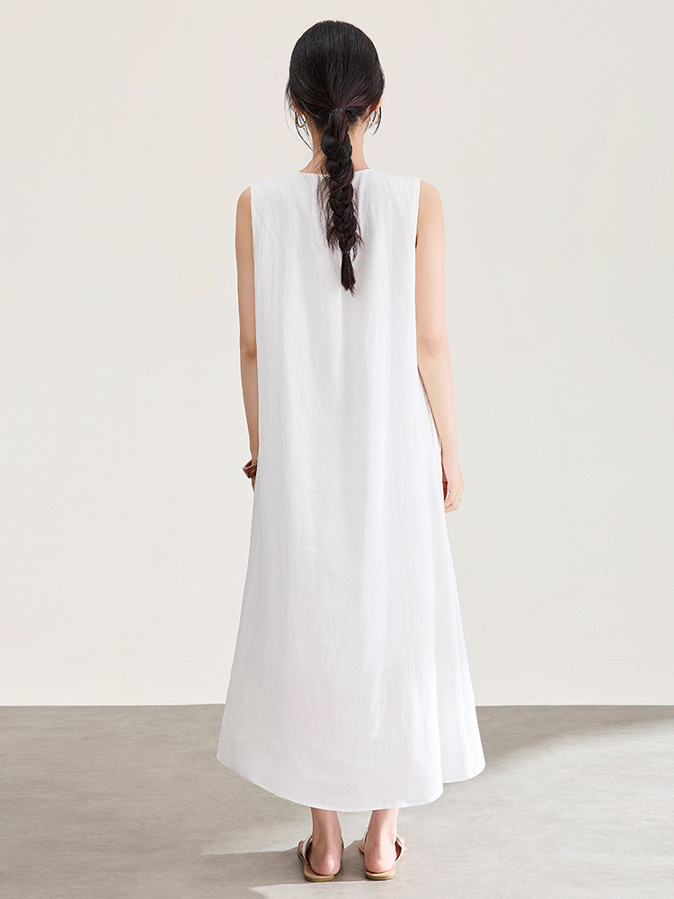 Đầm maxi nữ dáng suông không tay chất liệu tencel phối ren jacquard thêu họa tiết — màu trắng