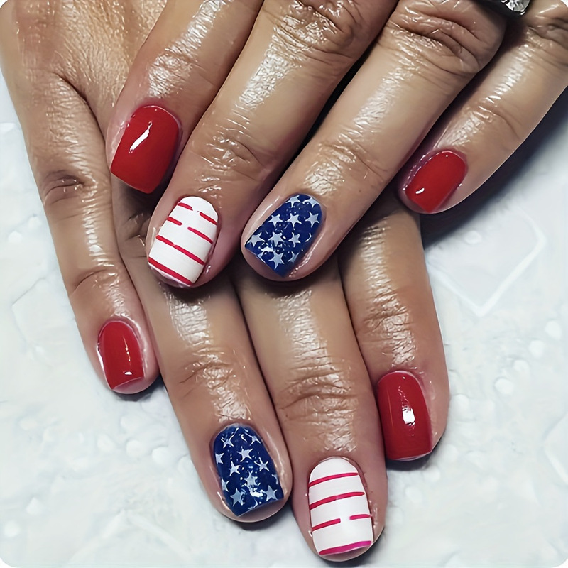 Cross-Border Hot-Selling Independence Day Flag Design Short Fake Nails European Square Wearable Nails Fake Nails Finished Products Wholesale