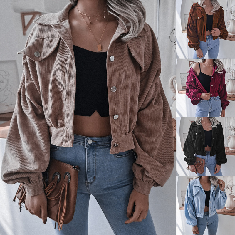 Autumn and Winter European and American cross-border new lantern long sleeve corduroy casual short coat jacket single-breasted women's coat