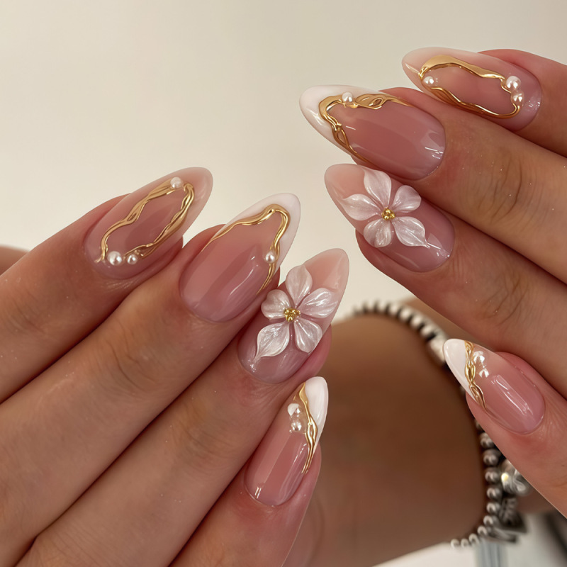 Cross-Border Best-Selling White French-Style Gold-Striped 3D Rubber Flower Stripe Pearl Design Nude Pink Press-On Nails Cross-Border Best-Selling White French-Style Gold-Striped 3D Rubber Flower Stripe Pearl Design Nude Pink Press-On Nails