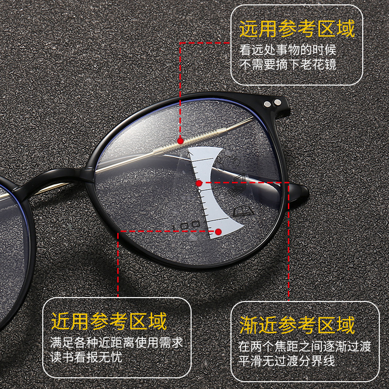 ブルーライトの漸進的な多焦点の老眼鏡の女性の高精細なファッションの高級な中高年の変色の老光のメガネの卸売りを防ぎます。