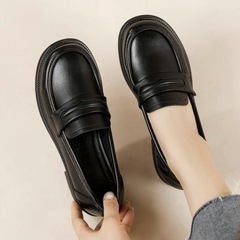 Women's Black Round-Toe Thick-Heeled Single Strap Shoes, Academic Style Small Leather Shoes, Versatile British Loafers, 2024 Formal Shoes, JK Shoes