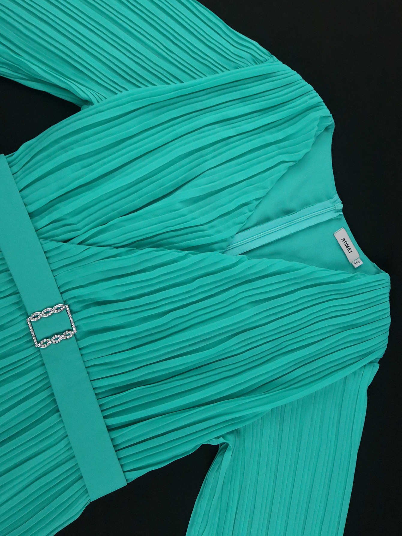 Mint Green V-Neck Belted Dress With Mid-Length Sleeves American Style Casual Elegant Slimming Pleated Cake Dress For Commuting_ecoleips.com