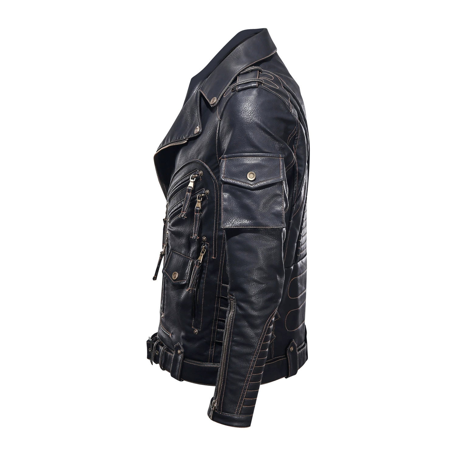 2025 new men's leather jacket European code motorcycle tough guy multi-pocket tough guy pu leather lapel leather spring and autumn clothes
