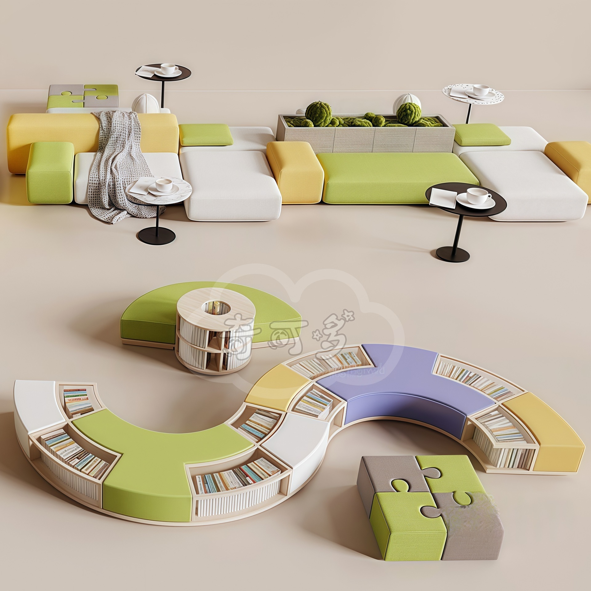 Qikodo Shopping Mall Library Hall Rest Area Curved Sofa Stool Training Institution Waiting Area Semi-Circular Leisure Seat