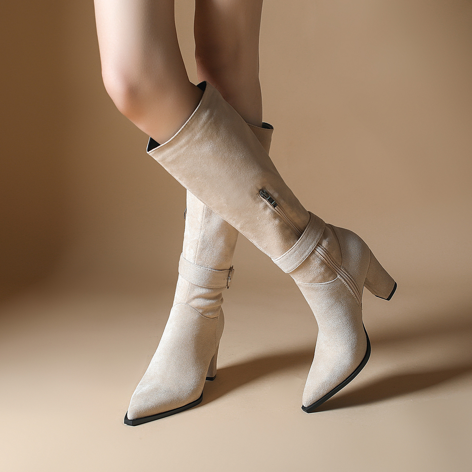 Botas Altas de Tacón para Mujer de Gamuza y Caucho Antideslizante, Térmico