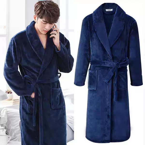 Men's Flannel Thick Long Bathrobe, Men's Coral Fleece Hooded Bathrobe, Amazon Shein Label Cross-Border