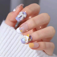 雅婕娜-吹泡泡貓耳女孩蝴蝶結美甲假指甲片指甲貼片穿戴美甲片