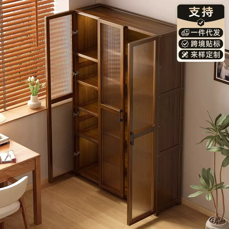 防尘落地书柜简易书架落地家用客厅门后分层收纳置物柜子带柜门