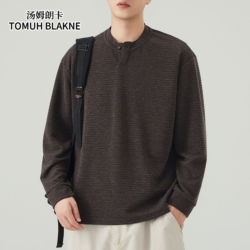 Spring and autumn Japanese-style round-neck long-sleeve men's sweatshirt, Henry collar T-shirt, old money style, textured American casual light luxury style Spring and autumn Japanese-style round-neck long-sleeve men's sweatshirt, Henry collar T-shirt, old money style, textured American casual light luxury style