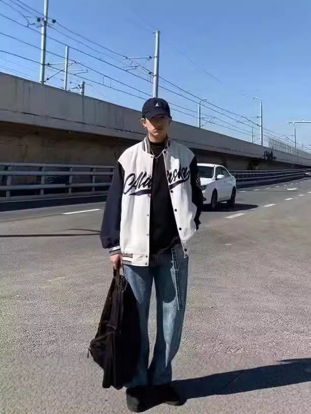 American-style embroidered baseball jacket for men, autumn trendy couple outfit, loose color-blocked patchwork coat.