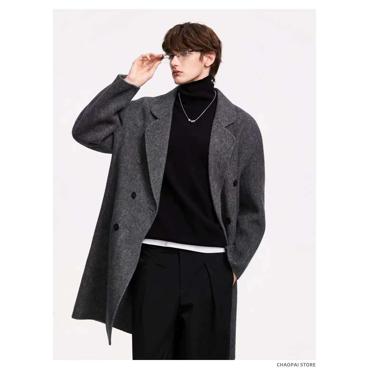 Thickened woolen overcoat for men, 2026 autumn and winter, mid-length double-breasted woolen trench coat, Korean style, trendy couple coat.