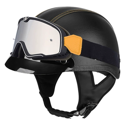 and women's four seasons fashion pedal, Motosiklet kaskı (dəbilqə) - black-leather-pattern-yellow-line-brim-large-frame-goggles-m56-57cm