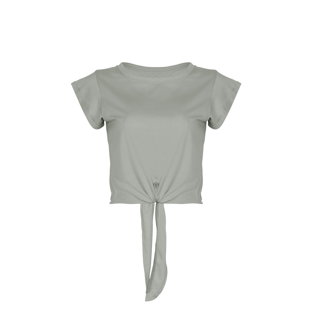 2023 Wiosna/lato Krótki krój Otwarty pępek Okrągły dekolt Zasznurowany T-shirt z krótkim rękawem Jednolity kolor Top_voghion.com