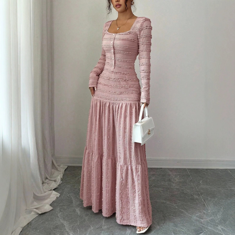 Ladies' Casual Elegant Evening Party Sweet and Cute Long-Sleeved Square-Neck Dress