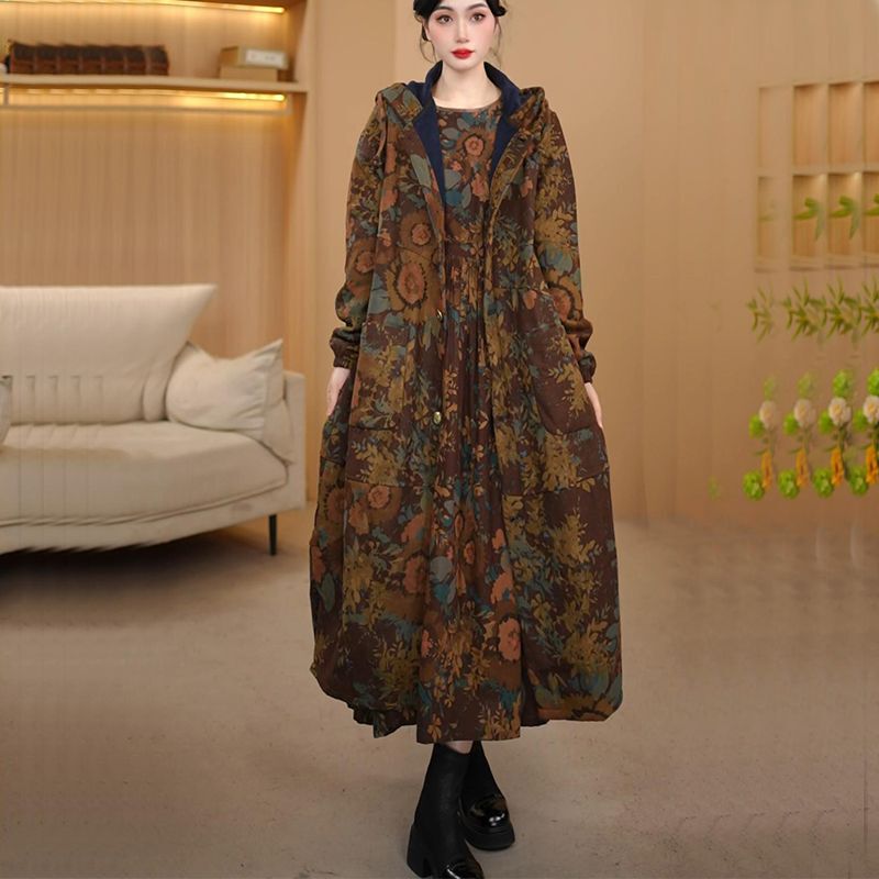 Printed Hooded Long Windbreaker Jacket for Women, Artistic Autumn and Winter New Style, Fleece-Lined, Thickened, Slimming, Warm Printed Cardigan