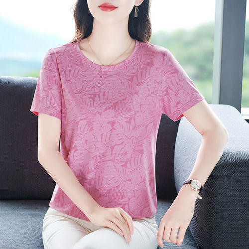 100% high-quality mom's round collar, short-sleeved T-shirt, women's summer new printed fashion casual sports shirt, large size