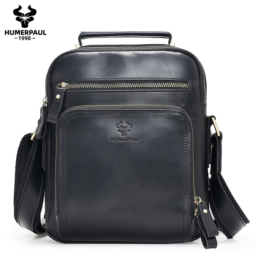 Bolso de hombro Hummer Paul de cuero genuino para hombre, bandolera de cuero Crazy Horse de primera capa, mochila de viaje con textura vintage.