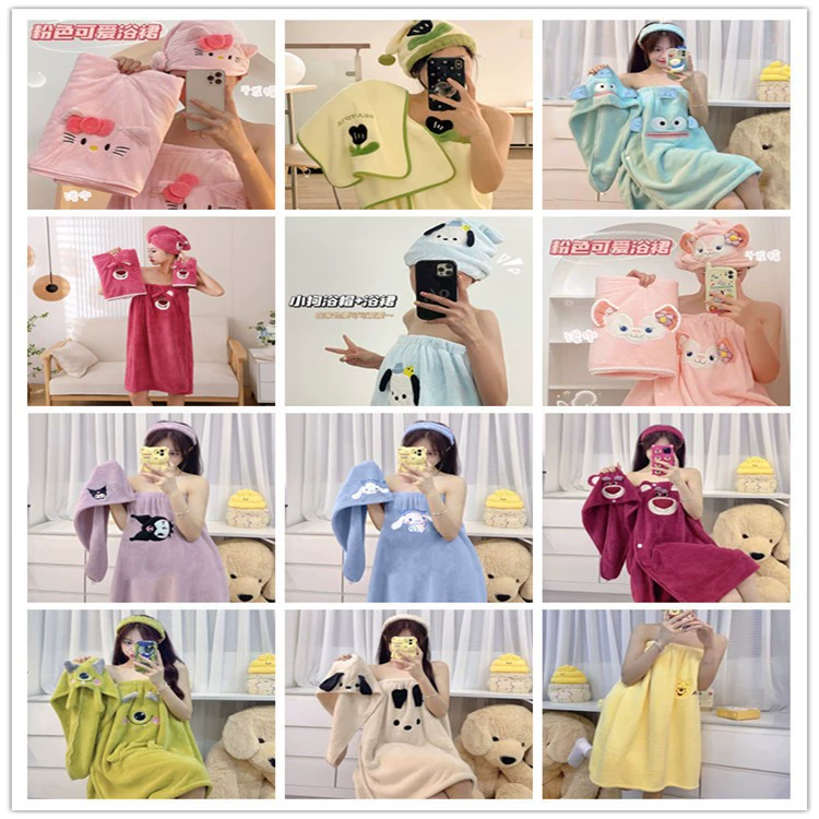 [Большая коллекция юбок для ванны] Халат с героями мультфильмов, мягкий и приятный для кожи комплект шапочек для сушки волос из кораллового бархата, юбка для ванны, юбка-топ