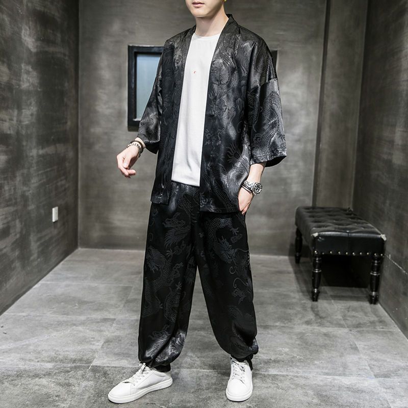 中国风套装汉服男复古风潮牌冰丝t恤唐装青年飞鱼服刺绣外套道袍