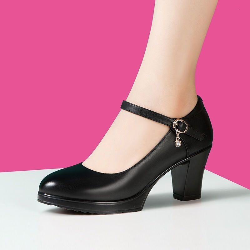 Warm Maple Genuine Soft Leather Mom Shoes, Model Qipao Runway High Heels, Women's Square Dance Shoes, Performance Single-Strap Shoes