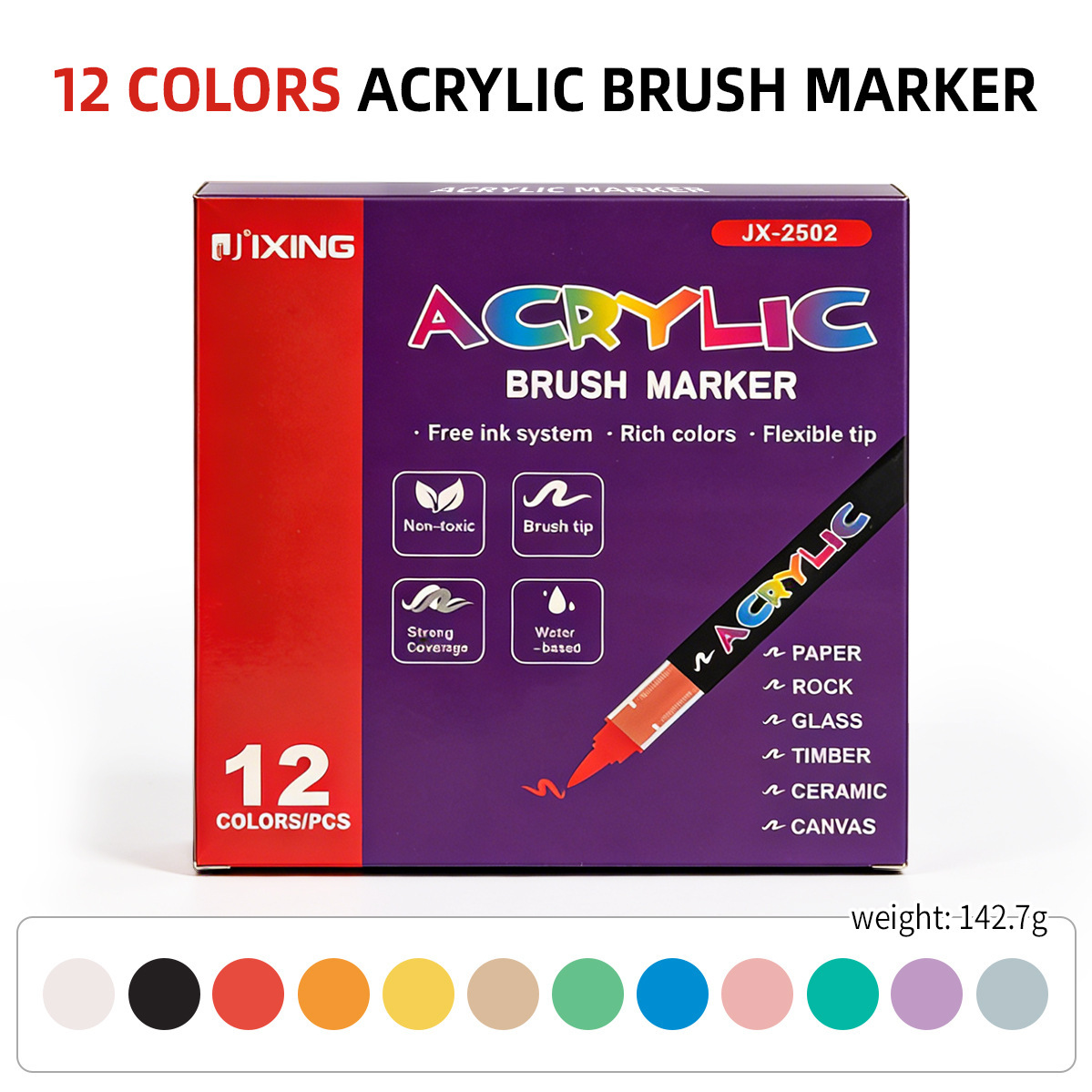 12 colores de acrílico líquido directo (caja púrpura de cabeza única) en caja de papel