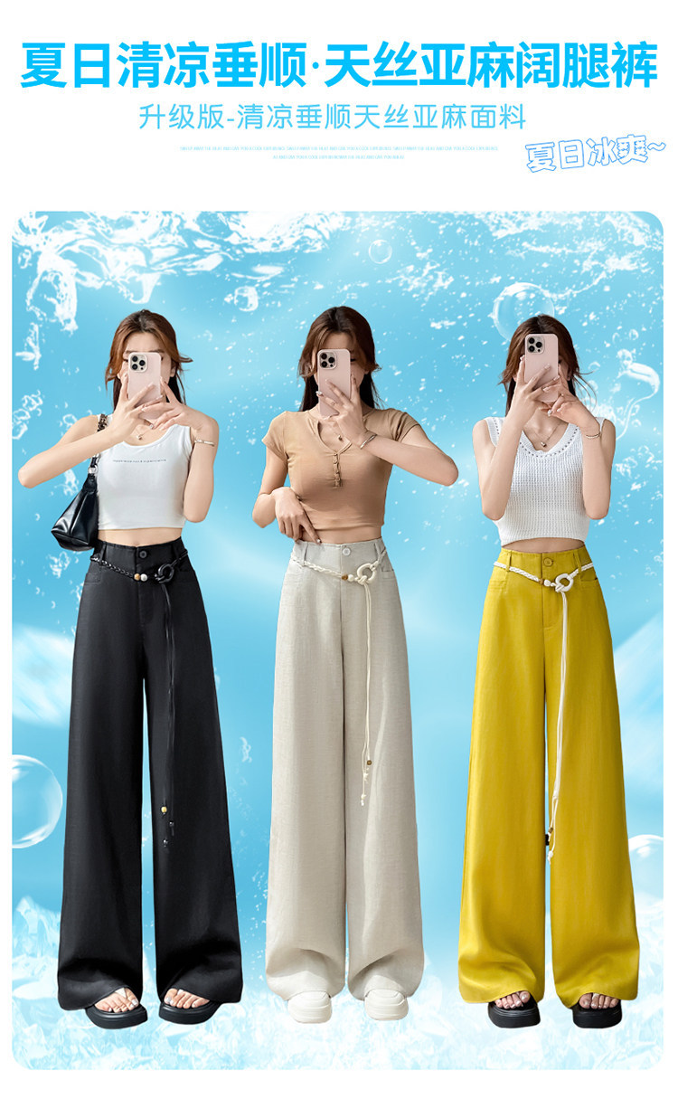 Quần culottes nữ ống rộng vải lanh cạp cao thắt lưng bản to — Màu đen thông thường chi tiết 2