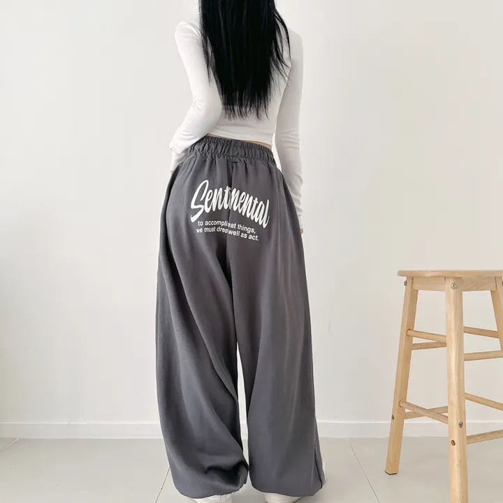 春秋宽松拼接阔腿休闲跳舞黑色卫裤女潮2025年韩版裤子加绒慵懒风|undefined