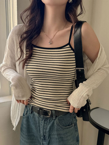 Black Striped Strap Top for Women - Summer Design, Unique, Thin, Slim Strap, Color Block, Sleeveless, Layering Top for Innerwear or Outerwear