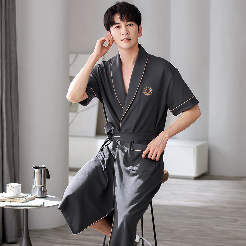 Summer Thin Knitted Cotton Nightgown Men's Short-sleeved Mid-length Young Men's Hotel Bathrobe Bathrobe Cross-border Home Clothes Summer Thin Knitted Cotton Nightgown Men's Short-sleeved Mid-length Young Men's Hotel Bathrobe Bathrobe Cross-border Home Clothes