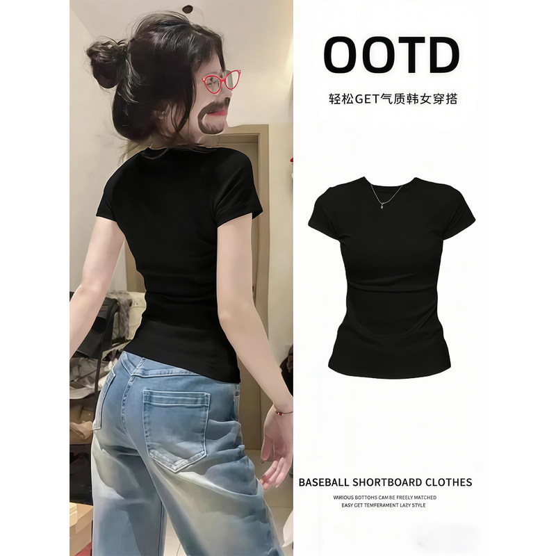 Black Short-Sleeve Regular Shoulder Women's T-Shirt, Summer 2026 New Style, Slim-Fit Sporty Crop Top for Summer Wear Black Short-Sleeve Regular Shoulder Women's T-Shirt, Summer 2026 New Style, Slim-Fit Sporty Crop Top for Summer Wear