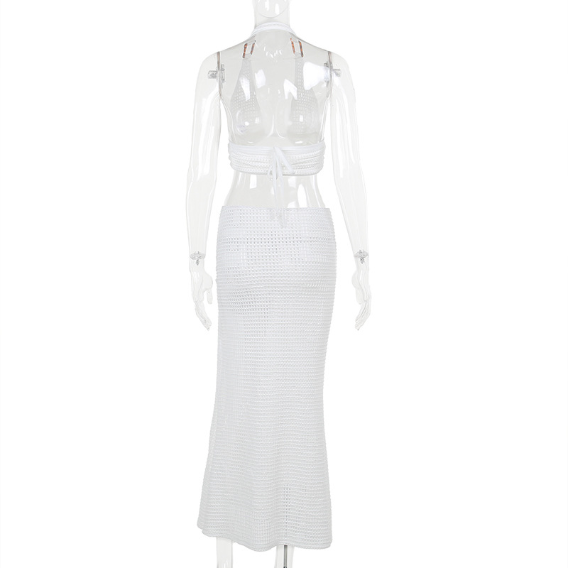 Autumn Knitted Halter Sexy Top Holiday Sexy Slim Fit Sheath Skirt Set Women