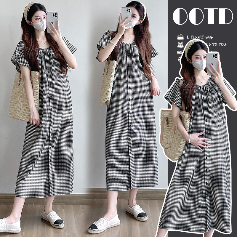 Real Shot~2025 Maternity Wear Summer Loose Elegant Plaid Short-Sleeved Maternity Dress with Open Buttons for Breastfeeding
