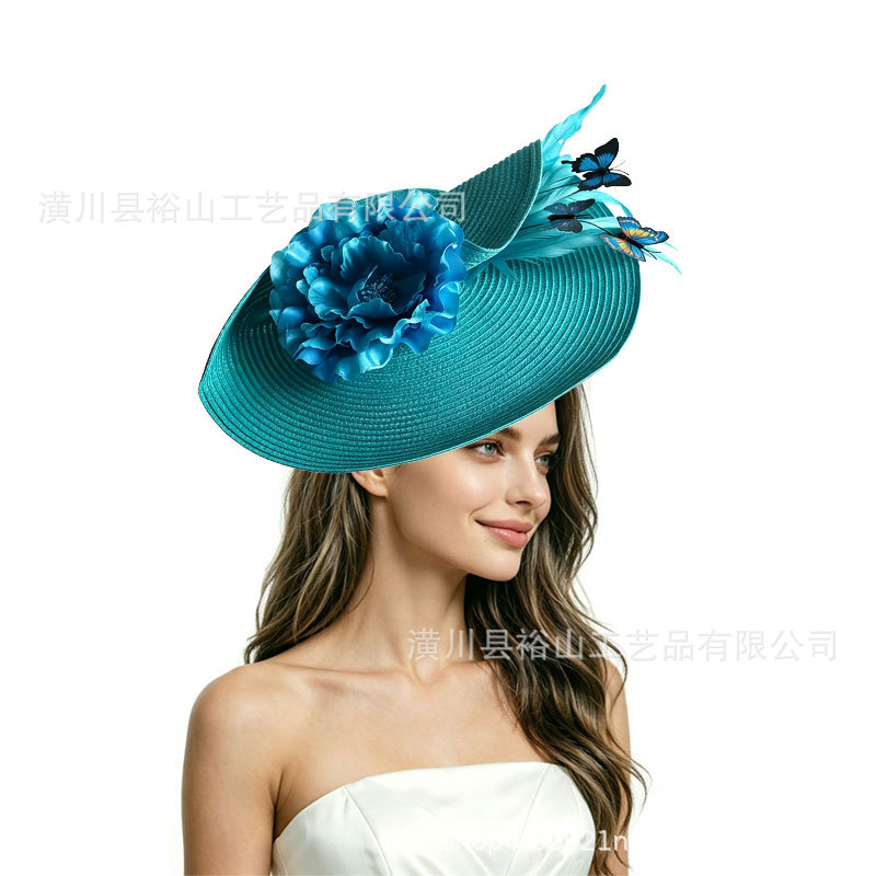 Straw fedora with three-dimensional flowers and butterfly headpiece, European and American party and banquet hats, Amazon's best-selling hats wholesale