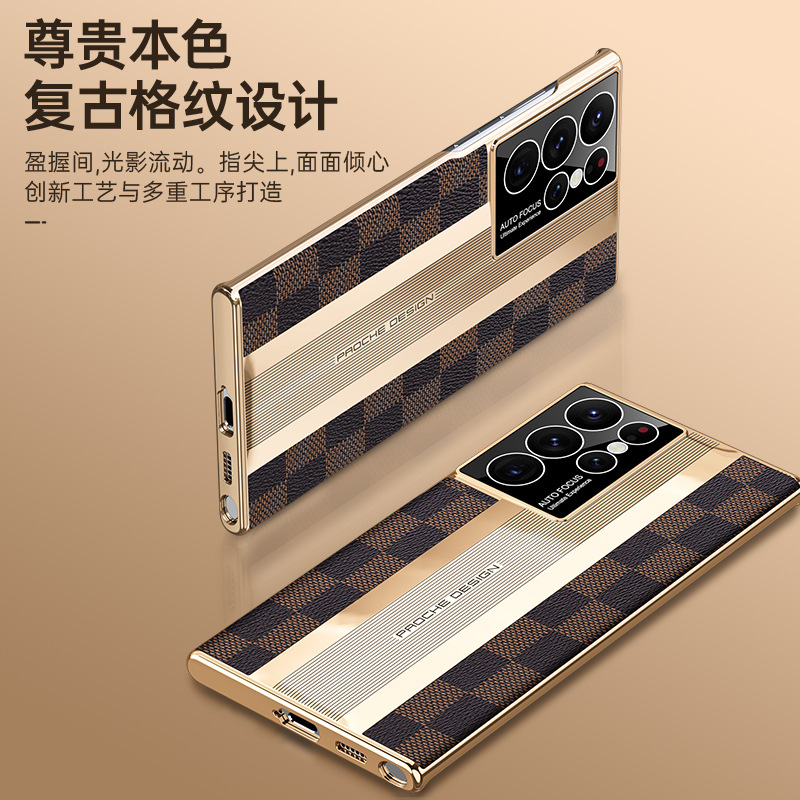 Transformación de la funda del Samsung S23 Ultra: funda protectora con borde electrochapado y cobertura total de cuero premium con patrón a cuadros para el S22+.