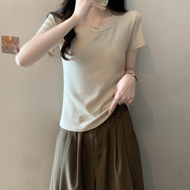 春夏の女性用イレギュラー右肩半袖Tシャツ、大きいサイズのトップス、女性用夏用スリムフィットで多用途なラウンドネック無地ボトムシャツ|undefined