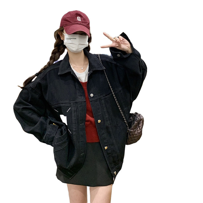 实拍学院风黑色牛仔外套女2025春秋新款chic韩版宽松机车夹克上衣|undefined