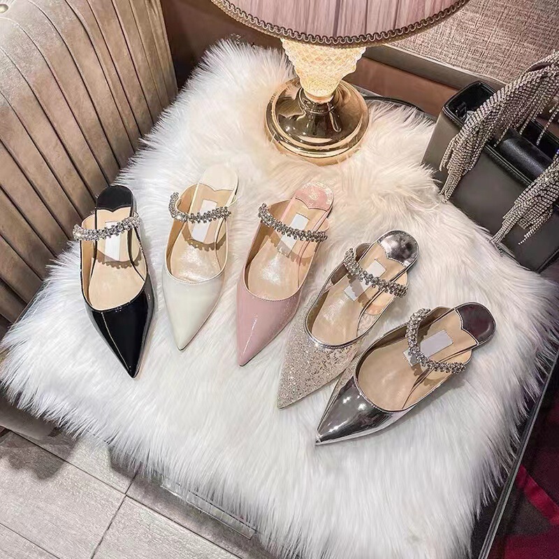 High-End Pointed-Toe Rhinestone Strap Sandals for Women, Closed-Toe Stiletto High-Heeled Mules, Patent Leather Rhinestone Chain Sandals