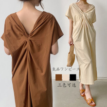 跨境亚马逊实拍 韩国chic复古法式扭结前后两穿宽松长裙夏季气质